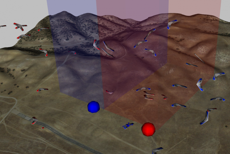 <p>A simulation done through GTRI’s SCRIMMAGE program shows the competition, with blue and red circles indicating the two team bases. (Credit: GTRI)</p>