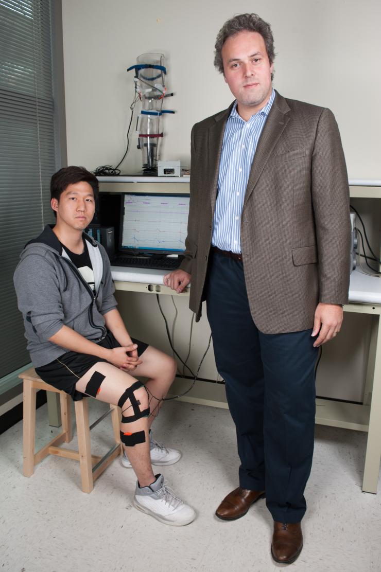 <p>Former NCAA discuss thrower Prof. Omer Inan is working on a knee band that listens to crunchy sounds coming from the joint. Acoustic electronics turn them into moving graphs that may someday be medically useful.</p>