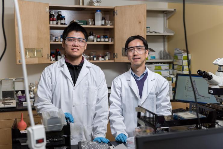 <p>Georgia Tech Professor Zhiqun Lin and Postdoctoral Fellow Yihuang Chen are shown in the laboratory. The researchers have developed a new type of hairy nanoparticles made with light-sensitive materials that assemble themselves with light exposure. The nanoparticles could one day become “nano-carriers” providing doctors a new way to simultaneously introduce both therapeutic drugs and cancer-fighting heat into tumors. (Credit: Rob Felt, Georgia Tech)</p>