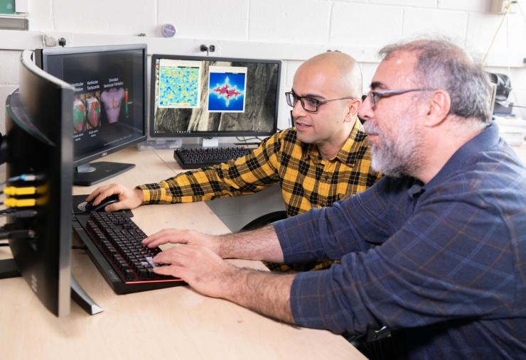 <p>Professor Flavio Fenton and Research Scientist Abouzar Kaboudian discuss simulations running on a system that uses graphics processing chips designed for gaming applications and software that runs on ordinary web browsers. (Photo: Allison Carter, Georgia Tech)</p>