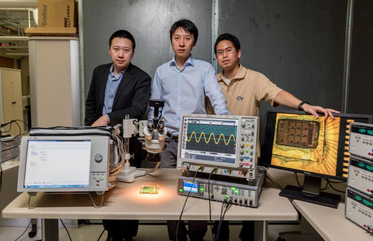 <p>The research team for SRC CMOS multi-modality cellular sensor array project is shown. From left to right: Assistant Professor Hua Wang, Ph.D. Student Taiyun Chi, and Ph.D. Student Jong Seok Park. (Georgia Tech Photo: Rob Felt)</p>