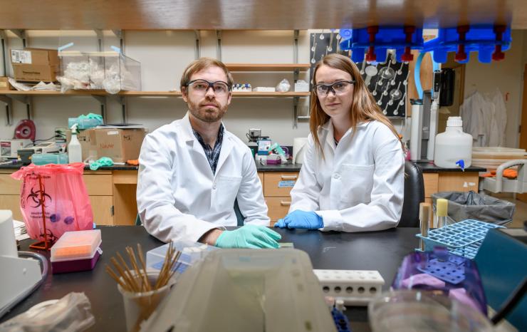 <p>Research Scientist Dan Cornforth and Postdoctoral Fellow Carolyn Ibberson are shown in the laboratory of Professor Marvin Whiteley at Georgia Tech. They are part of a research team studying differences in how bacteria behave in laboratory conditions compared to in human infections. (Credit: Rob Felt, Georgia Tech)</p>