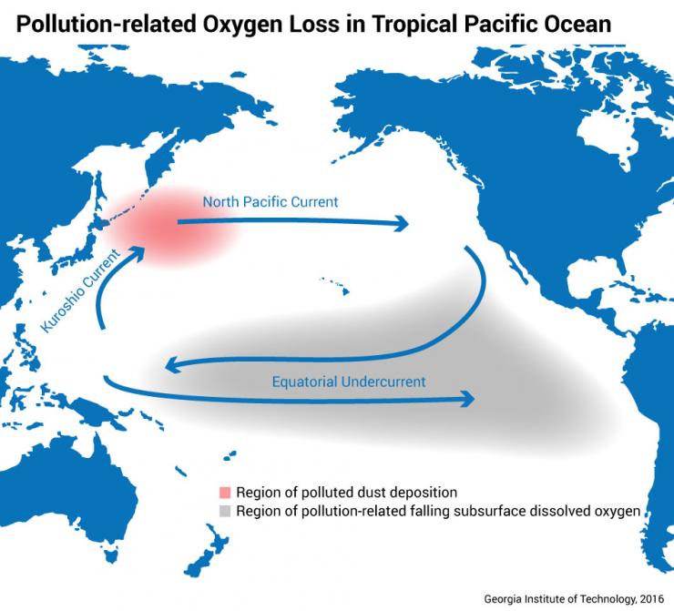 <p>A map showing how air pollution depositing iron in the northern Pacfic Ocean can travel thousands of miles away.</p><p> </p>