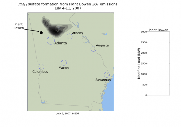 <p>A still frame from the air quality prediction model shows the expected location of impacts from the emissions of an electric generation facility in Georgia, based on data from 2007. Limiting the output of the plant when the impacts are occurring in major population centers could reduce health effects of the emissions. (Credit: Georgia Tech)</p>
