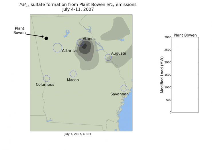 <p>A still frame from the air quality prediction model shows the expected location of impacts from the emissions of an electric generation facility in Georgia, based on data from 2007. Limiting the output of the plant when the impacts are occurring in major population centers could reduce health effects of the emissions. (Credit: Georgia Tech)</p>