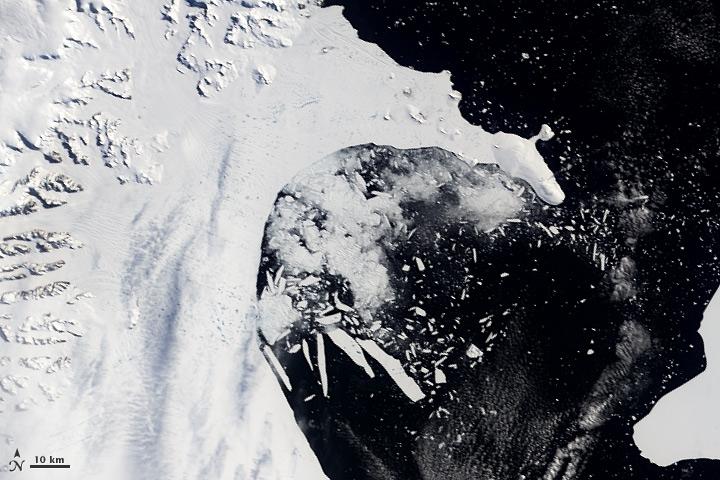 <p>Antarctic ice shelf Larsen B suddenly broke apart in 2002 after an anomalous heatwave. The shelf may have formed 10,000 years ago but shattered in just two to three weeks' time. After its disappearance, the glacier behind it sped up its flow toward the ocean, pushing up sea level faster than it otherwise would have. Credit: NASA Earth Observatory </p>