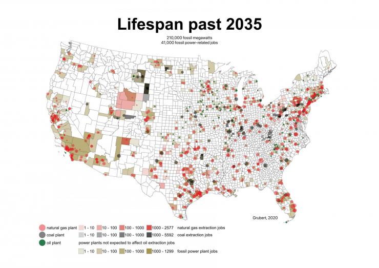 <p>This map shows the locations of electricity-generating facilities with projected lifespans that extend beyond 2035. (Credit: Emily Grubert, Georgia Tech)</p>