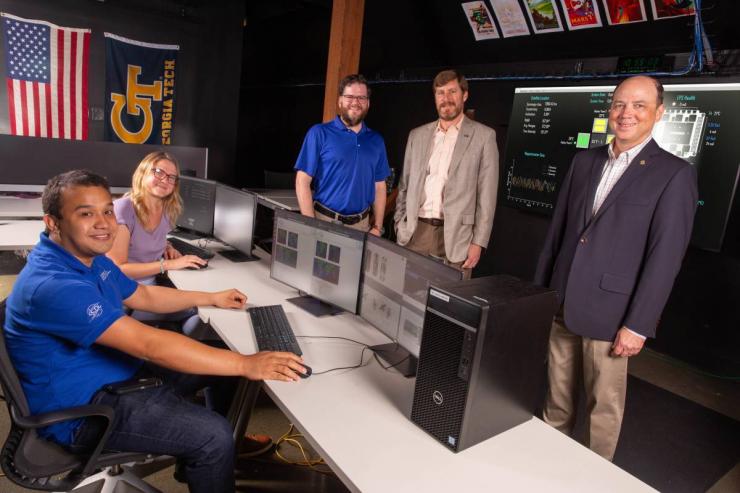 <p>Mission Control for Lunar Flashlight operations at Georgia Tech. From left to right: Ulises Núñez, Kathleen Hartwell, Sterling Peet, Jud Ready, and Glenn Lightsey (Credit: Candler Hobbs)</p>