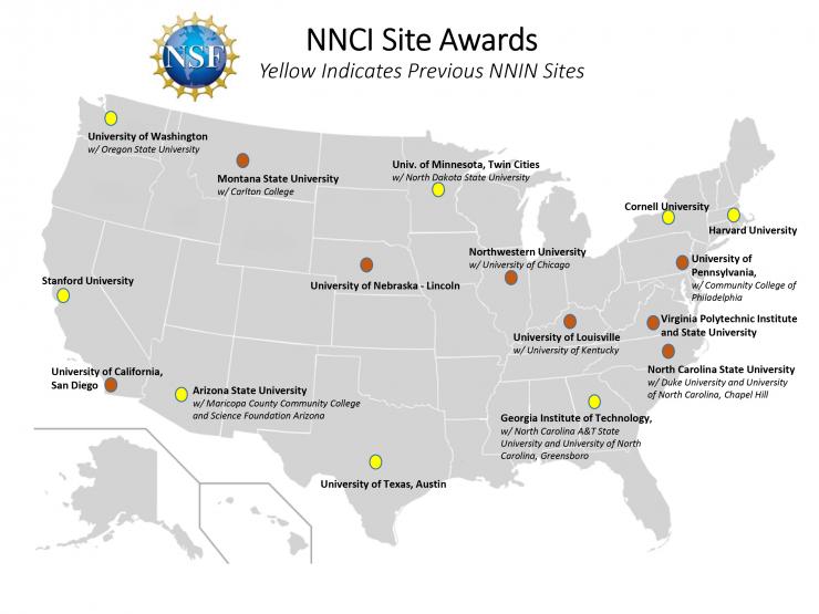 <p>This map shows the locations of National Nanotechnology Coordinated Infrastructure (NNCI) sites. </p>