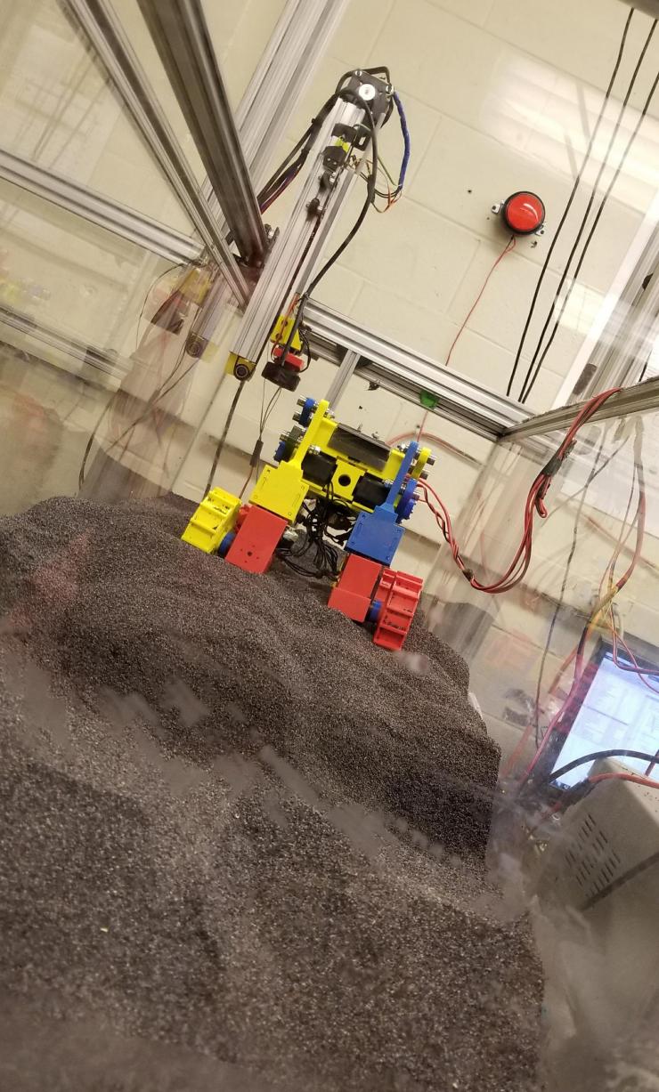 <p>The Mini Rover moves in a fluidized bed system known as SCATTER (Systematic Creation of Arbitrary Terrain and Testing of Exploratory Robots) that can be tilted to evaluate locomotion on sloped granular surfaces. (Credit: Goldman lab, Georgia Tech)</p>