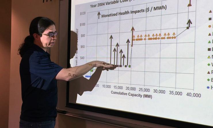 <p>Juan Moreno-Cruz, assistant professor in the Georgia Tech School of Economics, discusses the costs involved in generating facilities using different types of fuel. The research was part of a study aimed at helping utility companies choose their mix of generating facilities to minimize the impact of pollution on population centers. (Credit: John Toon, Georgia Tech)</p>