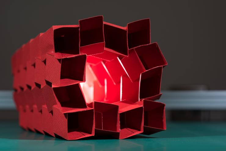 <p>This origami structure is composed of 12 interlocking tubes that can fold flat for easy transportation. (Credit: Rob Felt, Georgia Tech)</p>