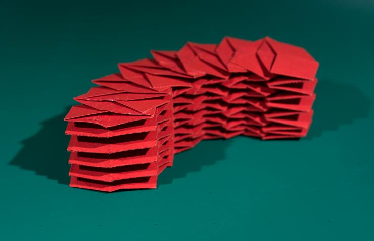 <p>This origami structure is composed of 12 interlocking tubes that can fold flat for easy transportation. (Credit: Rob Felt, Georgia Tech)</p>
