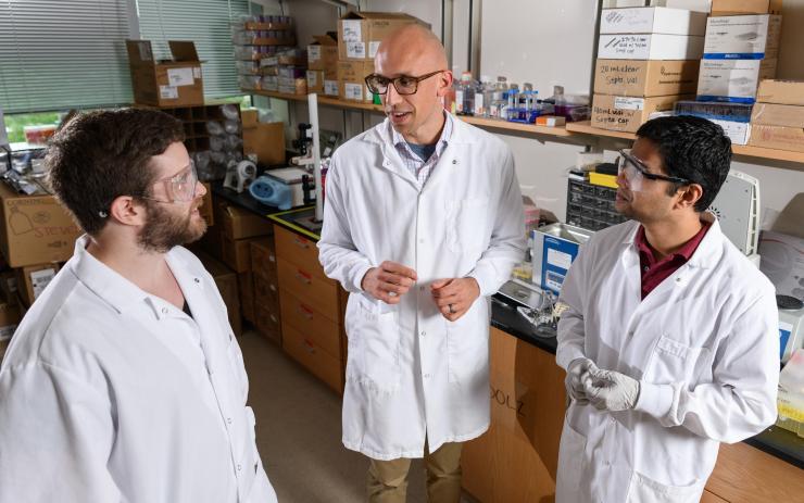 <p>Researchers Jeremy Caplin, Christopher Johnson and Pranav Kalelkar discuss their work on a new hydrogel-based treatment for bone infections. (Photo: Rob Felt, Georgia Tech)</p>