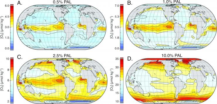 <p>A team led by Chris Reinhard simulated oceanic oxygen distributions during the Proterozoic Eon with the help of computational modeling. The depictions represent distributions corresponding to varying levels of atmospheric oxygen ranging from 0.5 to 10 percent.</p>