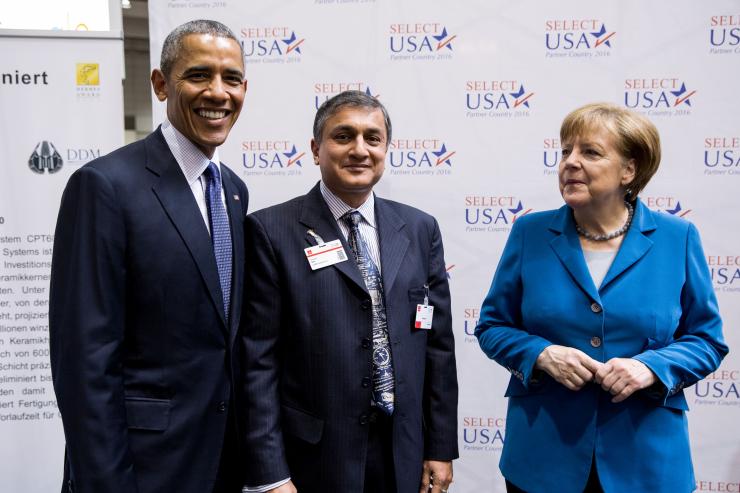 <p>Suman Das, Morris M. Bryan, Jr. Chair in Mechanical Engineering for Advanced Manufacturing Systems and Professor, joins President Barack Obama and German Chancellor Angela Merkel at the industrial trade fair Hannover Messe, where Das' company was honored for its LAMP System CPT6060, a 3D printer used for fabricating ceramic cores and molds used in making aircraft parts.</p>