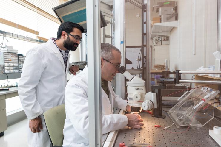 <p>Lead researcher Yogi Patel (standing), and principal investigator Robert Butera in Butera's lab at Georgia Tech.  Credit: Georgia Tech / Rob Felt</p>