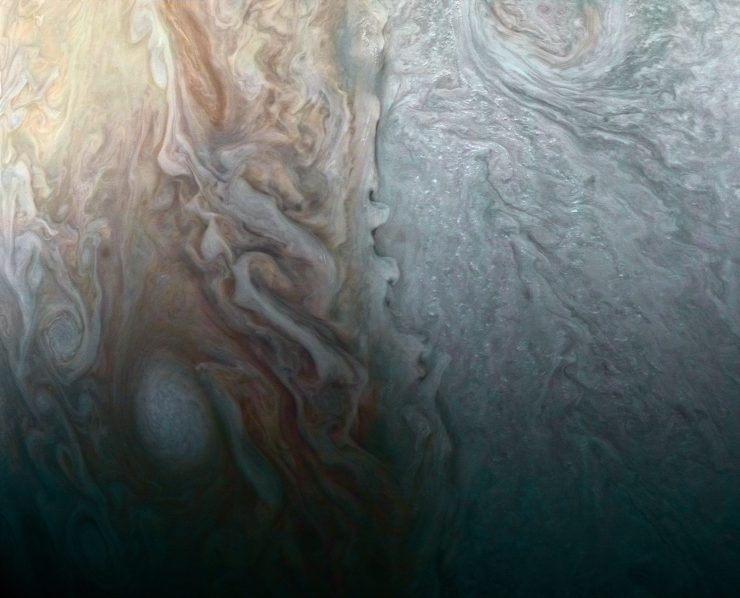 <p>This image, taken by the JunoCam imager on NASA’s Juno spacecraft, highlights a feature on Jupiter where multiple atmospheric conditions appear to collide. Photo credits: NASA/JPL-Caltech/SwRI/MSSS/Roman Tkachenko</p>