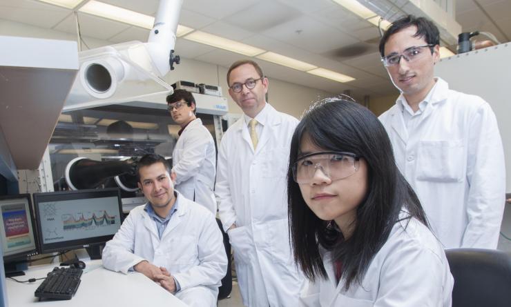 <p>The leading team of scientists at Georgia Tech that developed the new solution-based electrical doping technique for organic semiconductors. Shown are (l-r) senior research scientist Canek Fuentes-Hernandez, graduate student Vladimir Kolesov, professor Bernard Kippelen, and graduate students Wen-Fang Chou and Felipe Larrain. (Credit: Christopher Moore, Georgia Tech)</p>