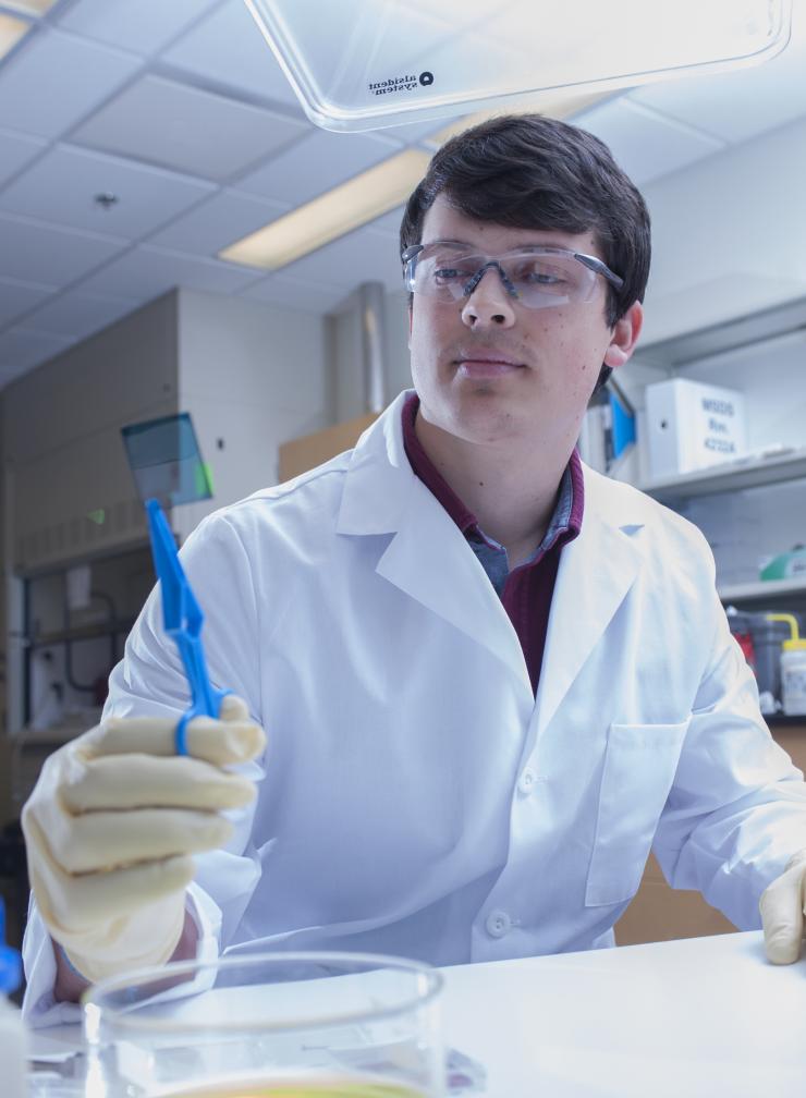 <p>Graduate student Vladimir Kolesov, lead author of the paper, holding an electrically-doped polymer film. (Credit: Christopher Moore, Georgia Tech)</p>