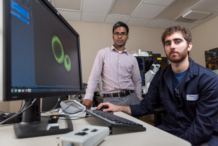 <p>Principal investigator Amit Reddi and lead researcher David Hanna observe an image of a baker's yeast cell taken under a microscope as it lights up green from the tailor made fluorescent ratiometric sensor they have infused it with.</p>