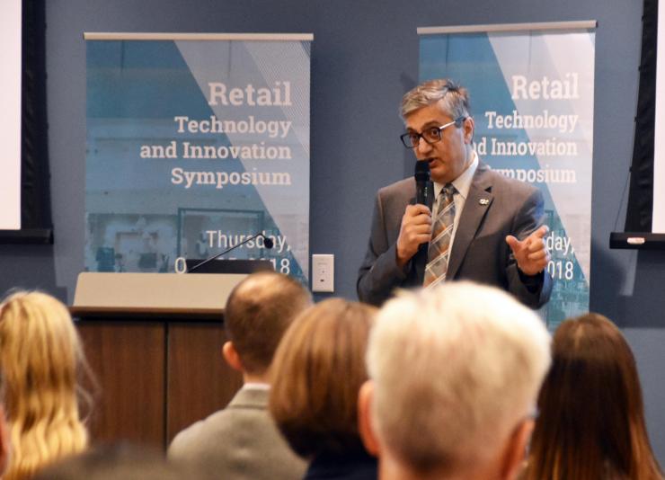 <p>Georgia Tech Executive Vice President for Research Chaouki Abdallah is shown at the Retail Technology and Innovation Symposium. (Credit: Peralte Paul, Georgia Tech)</p>