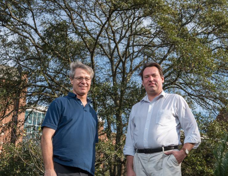 <p>Image shows Georgia Tech Professor Loren Williams (left) and Research Scientist Anton Petrov in front of a large tree that symbolizes the growth and accretion of the ribosome over time. (Credit: Rob Felt, Georgia Tech).</p>