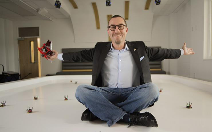 <p>Magnus Egerstedt, executive director of Georgia Tech’s Institute for Robotics and Intelligent Machines, is shown in the new Robotarium. Egerstedt is among the Georgia Tech researchers participating in a new Army Research Laboratory grant. (Credit: Christopher Moore, Georgia Tech)</p>