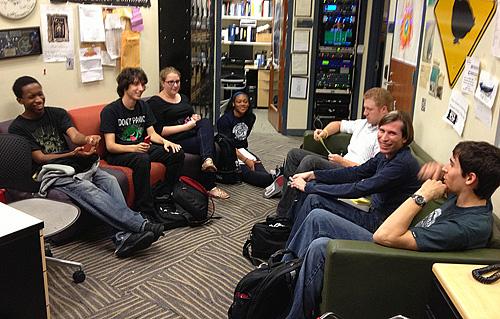 <p>Sci Fi Lab team members gather before a recording, October 2012</p>