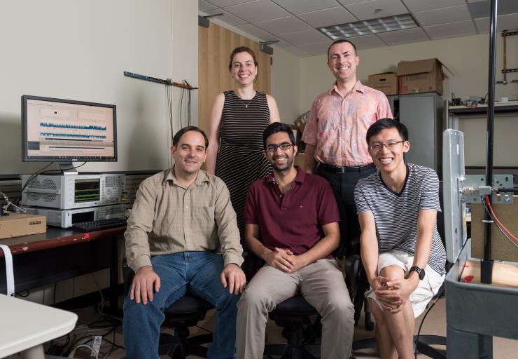 <p>Georgia Tech researchers are part of a team exploring new approaches for monitoring Internet of Things devices. Shown are (standing) Assistant Professor Alenka Zajic and Professor Milos Prvulovic and (seated) graduate students Robert Callan, Nader Sehatbakhsh, and Derrick Chu. (Credit: Rob Felt, Georgia Tech)</p>