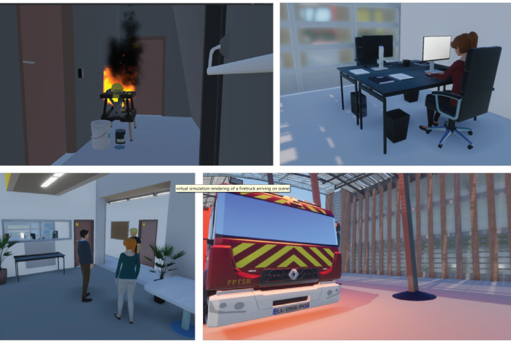 <p>During an exercise at the SIReN Lab, participants walked through a virtual building during a crisis simulation. Participant views included a virtual fire, building occupants to be evacuated in offices and in common areas, and the arrival of firetrucks.</p>