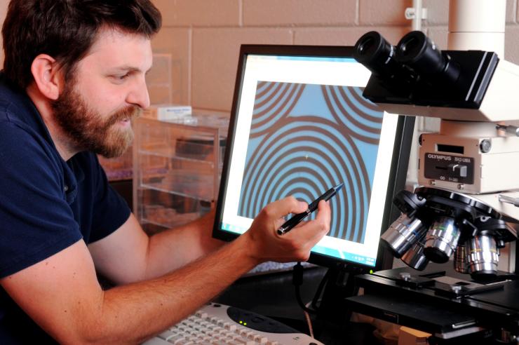 <p>GTRI researcher Stephan Turano shows an optical microscope image of one of the carbon nanotube array patterns on a solar cell that will be tested on the International Space Station. The actual cell is visible on microscope stage under the objective. (Credit: Gary Meek, Georgia Tech)</p>