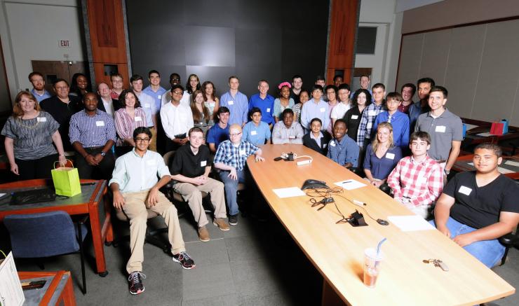 <p>The entire STEP program gathered at the final poster session/awards event on July 30, 2014, including students, mentors, directors, and representatives of supporting companies. (Credit: Gary Meek)</p>