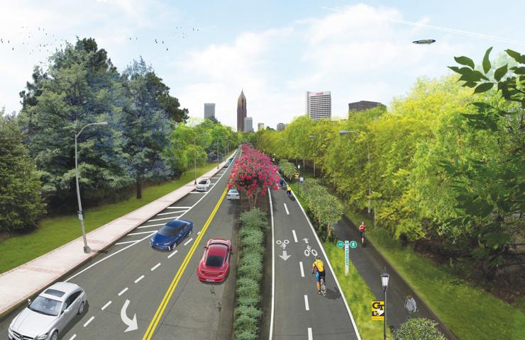 <p>Facing south, this rendering shows what Tech Parkway would look like upon project completion.</p>