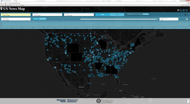 <p>Image shows how mentions of a term appear over time in U.S. News Map, a database of more than 10 million newspaper pages that is helping researchers see history with spatial information that hadn’t been available before. (Credit: Georgia Tech)</p>