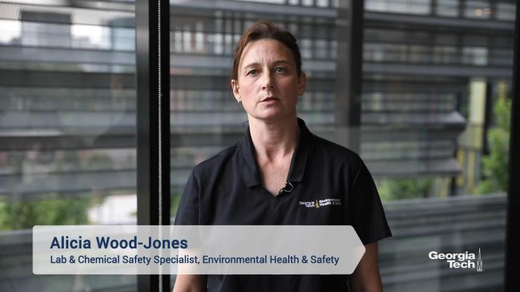 <p>Alicia Wood-Jones, lab &amp; chemical safety specialist with Georgia Tech's Environmental Health &amp; Safety, hosts sections of a video series designed to help explain procedures in place for personnel working in research labs. (Credit, Sean McNeil)</p>