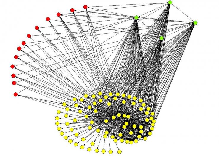 <p>Graph shows a cross-immunoreactivity network (CRN) composed of 100 viral variants. Altruistic variants are shown in green, persistent variants in red, and others in yellow. (Credit: Georgia Tech/CDC)</p>