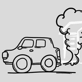 Black and white drawing of a car's tailpipe emissions billowing into the air in front of a school.