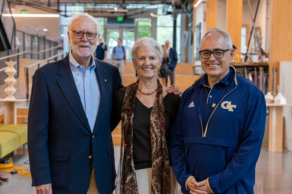 Georgia Tech President Angel Cabrera with President Emeritus G. Wayne Clough and Mara Loftman