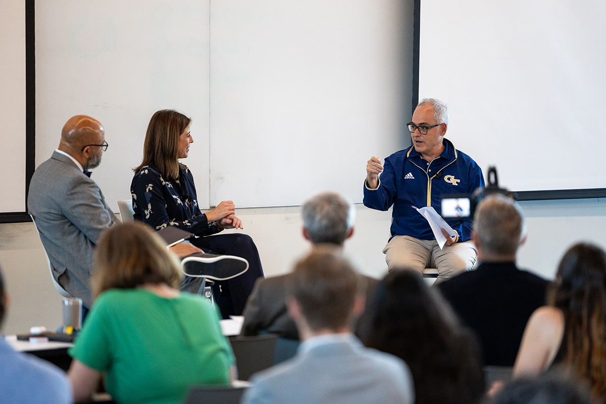 Georgia Tech President Angel Cabrera with Mark Berry and Danielle Merfeld during the Conversations with Cabrera Segment  