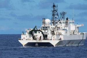 One of two ships involved in collecting data for the study sailing in the North Pacific Subtropical Gyre. Photo credit: Tara Clemente.