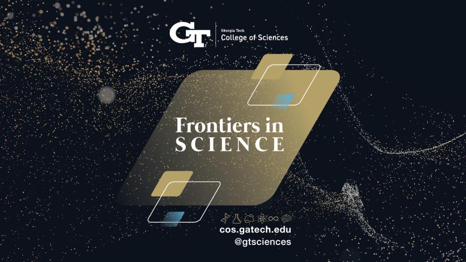 A black banner reading "Frontiers in Science: Advancing Space Exploration." The words are surrounded by dynamic gold sparkles, along with light blue, gold, and white parallelograms.