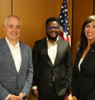 Pictured left-to-right: Georgia Tech President Ángel Cabrera, Daniel Nkemelu, and Carter Center CEO Paige Alexander.