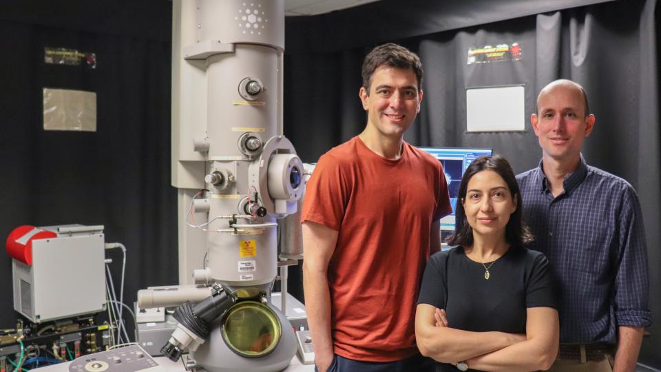 Vida Jamali, assistant professor the School of Chemical and Biomolecular Engineering; Amirali Aghazadeh, assistant professor in the School of Electrical and Computer Engineering; and Josh Kacher, associate professor in the School of Materials Science and Engineering.  Photo courtesy of Amelia Neumeister; Georgia Institute of Technology