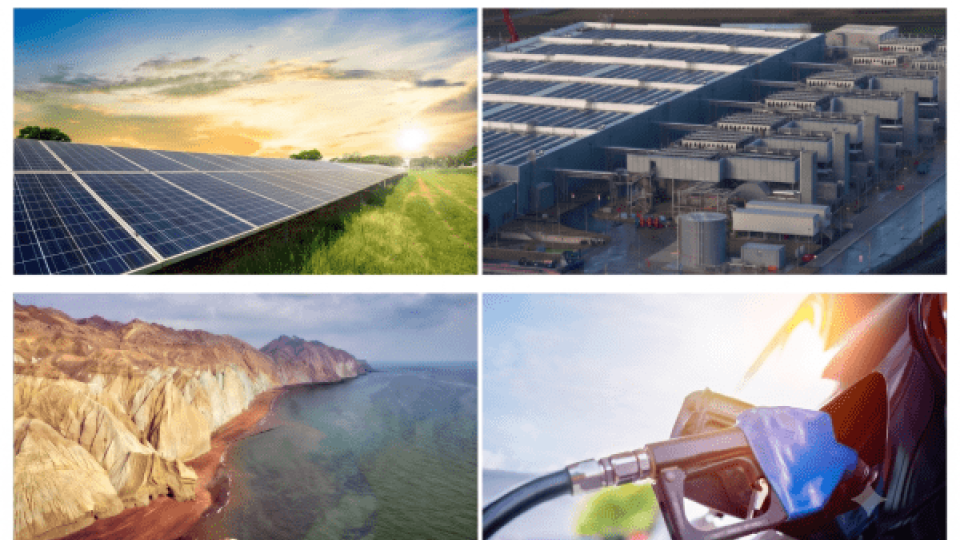 4 panel image: clockwise from upper left - solar panels in field, data center and cooling complex, Hormuz Island, gas pump in a car's fuel port