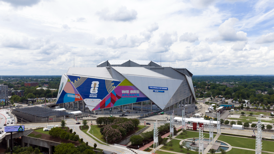 Drone photo of FIFA decorated Mercedes-Benz Stadium in Atlanta Georgia