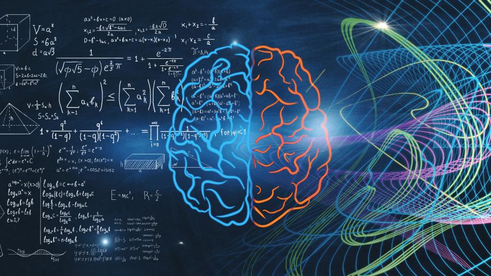 Digital illustration of a human brain split down the middle: the left side is filled with white mathematical equations, diagrams, and formulas, while the right side is surrounded by colorful, flowing lines and abstract wave patterns against a dark blue background.