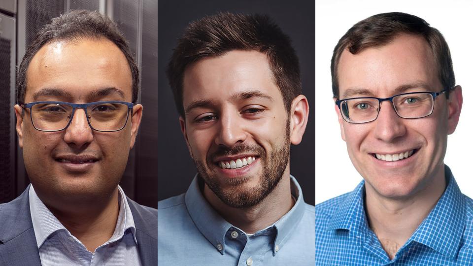 Three portraits, side by side, of Ahmed Saeed, Tony Giarusso, and Daniel Molzahn