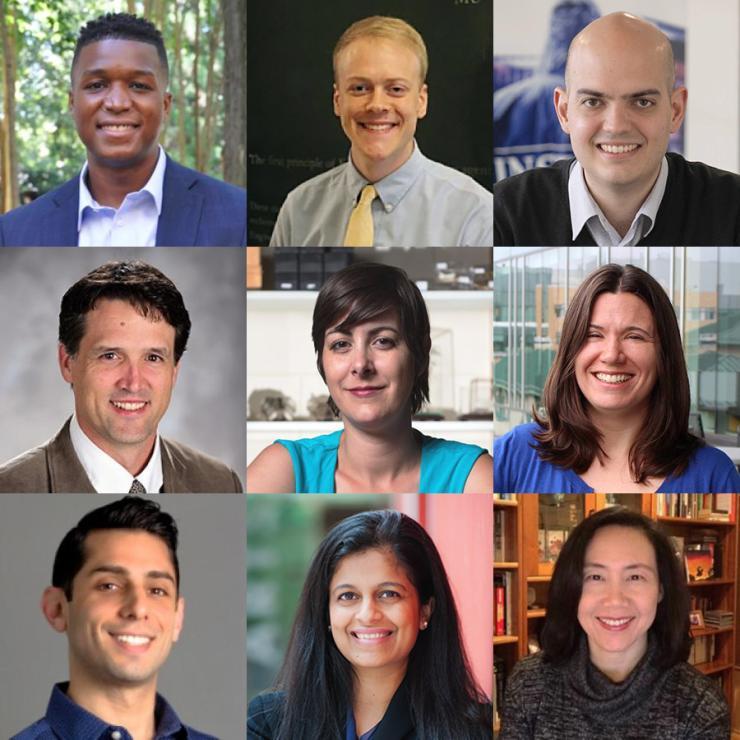 3 by 3 grid of the portraits of the 2022 BBISS Faculty Fellows. L to R, Joe Bozeman, Dylan Brewer, Andre Calmon, Brian Gunter, Jenny McGuire, Jessica Roberts, Ilan Stern, Anjali Thomas, and Zhaohui Tong.