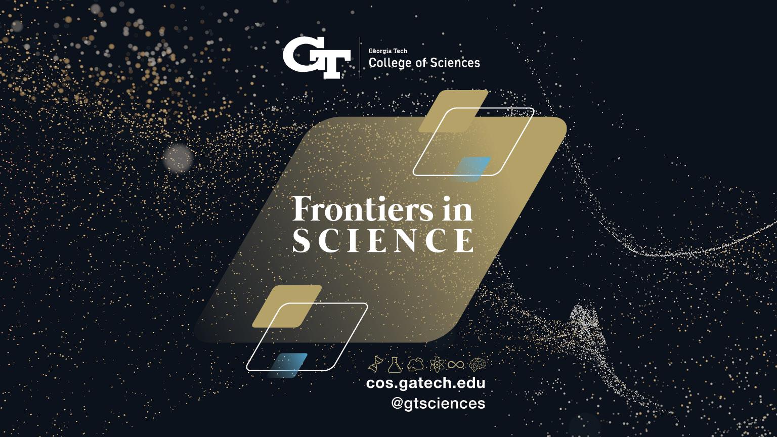 A black banner reading "Frontiers in Science: Advancing Space Exploration." The words are surrounded by dynamic gold sparkles, along with light blue, gold, and white parallelograms.